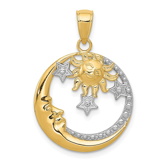 14k Yellow & Rhodium Gold and Rhodium D/C Moon Stars and Sun Pendant