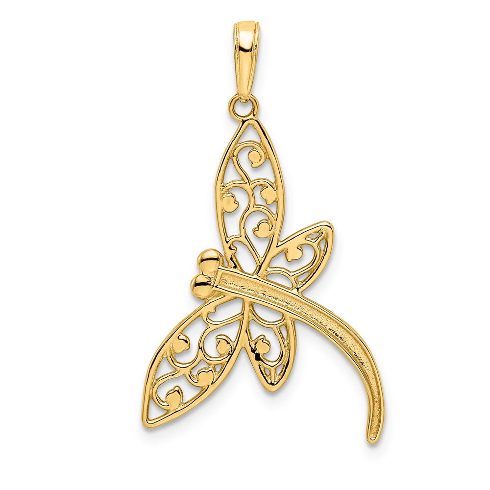 14k Yellow & Rhodium Gold and White Rhodium Diamond-cut Filigree Dragonfly Pendant