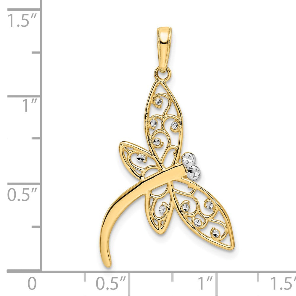 14k Yellow & Rhodium Gold and White Rhodium Diamond-cut Filigree Dragonfly Pendant