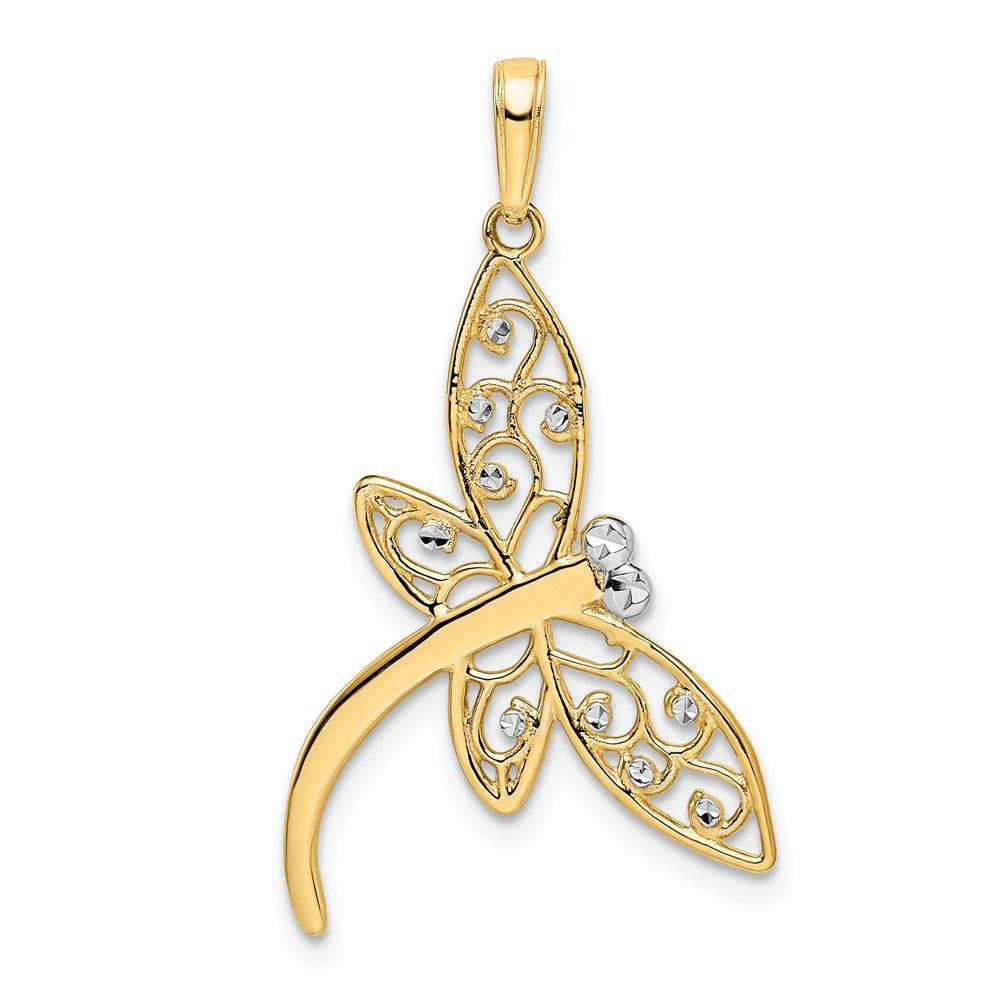 14k Yellow & Rhodium Gold and White Rhodium Diamond-cut Filigree Dragonfly Pendant