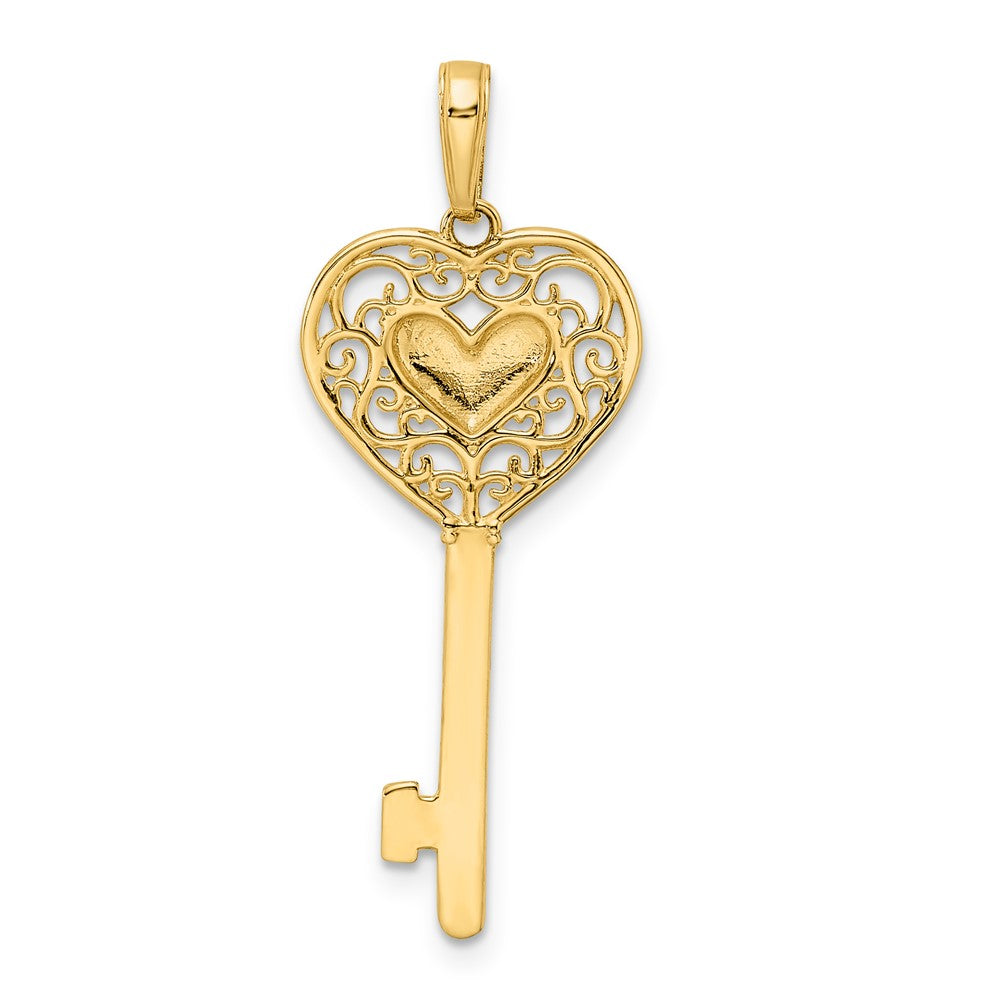 14k Yellow & Rhodium Gold and White Rhodium Diamond-cut Heart Filigree Key Pendant