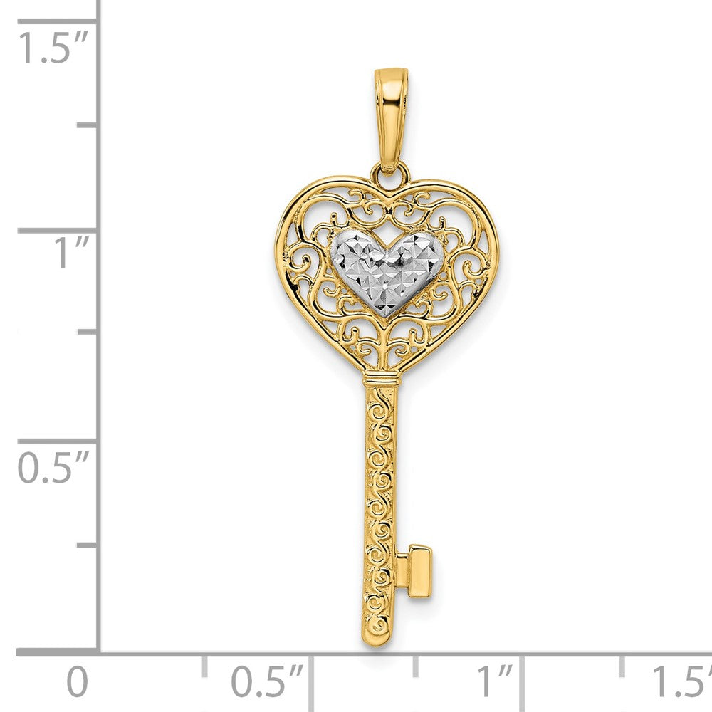 14k Yellow & Rhodium Gold and White Rhodium Diamond-cut Heart Filigree Key Pendant