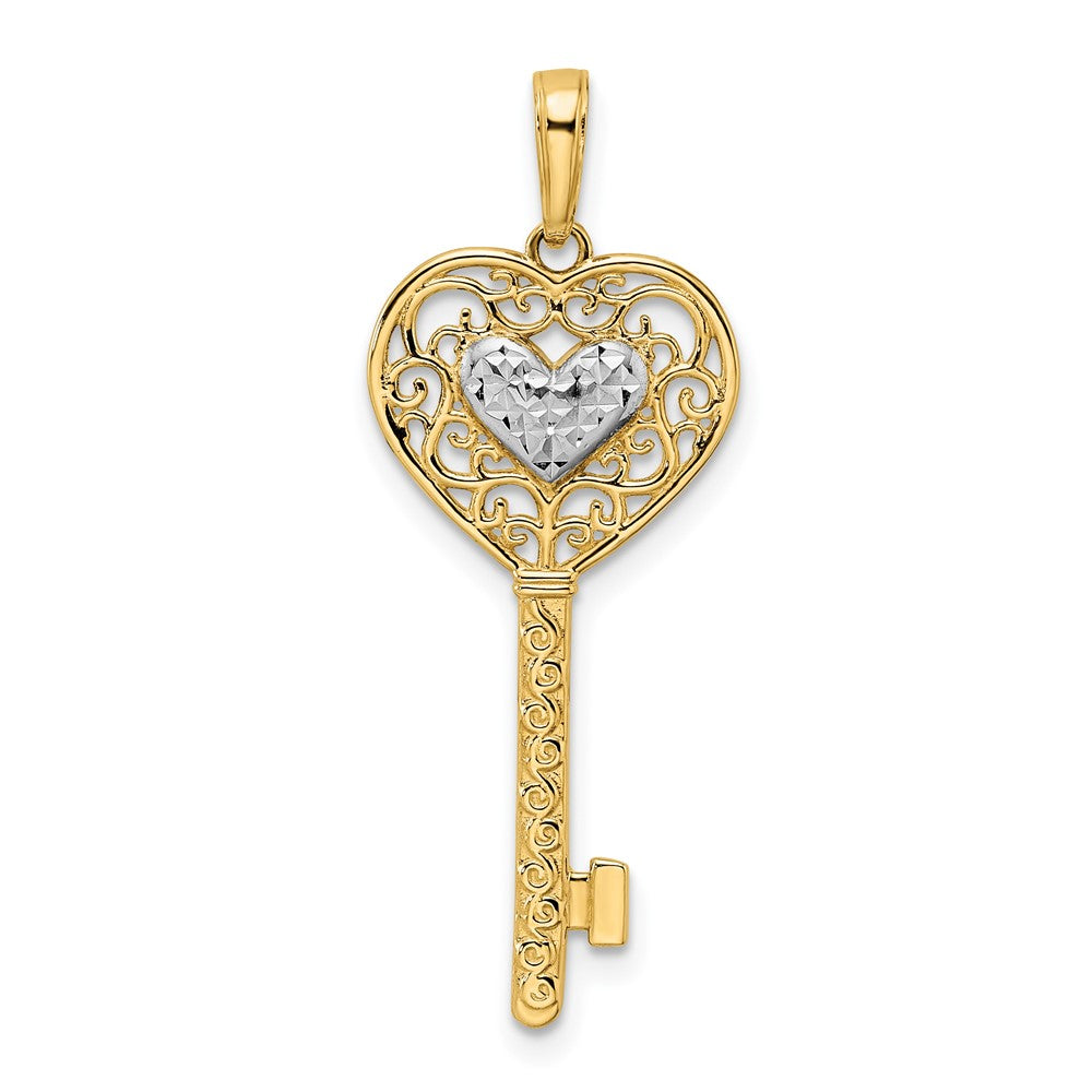 14k Yellow & Rhodium Gold and White Rhodium Diamond-cut Heart Filigree Key Pendant