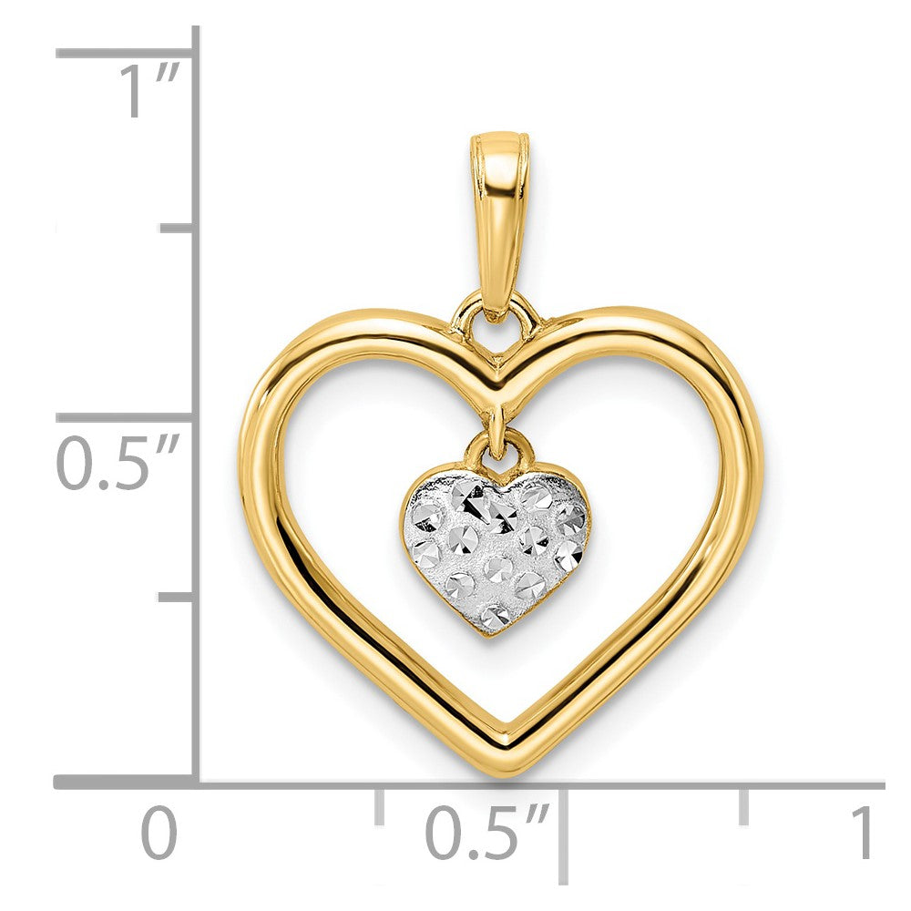 14K top Yellow Gold & White Rhodium Polished Diamond-cut Heart Pendant