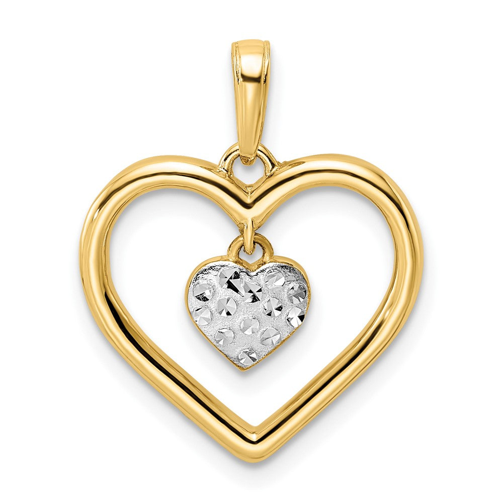 14k Yellow & Rhodium Gold and White Rhodium Diamond-cut Heart w/Dangle Heart Pendant