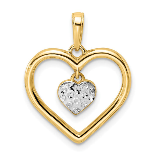 14k Yellow & Rhodium Gold and White Rhodium Diamond-cut Heart w/Dangle Heart Pendant