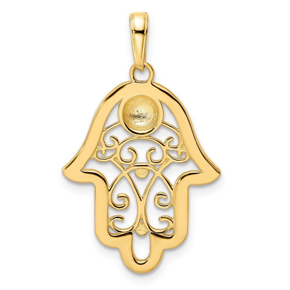 14k Yellow & Rhodium Gold & White Rhodium D/C Evil Eye Filigree Hamsa Pendant