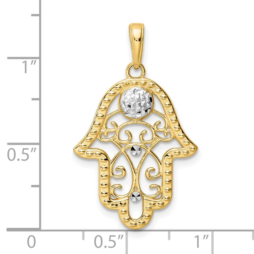 14k Yellow & Rhodium Gold & White Rhodium D/C Evil Eye Filigree Hamsa Pendant