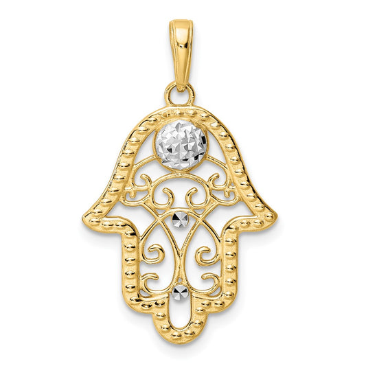 14k Yellow & Rhodium Gold & White Rhodium D/C Evil Eye Filigree Hamsa Pendant