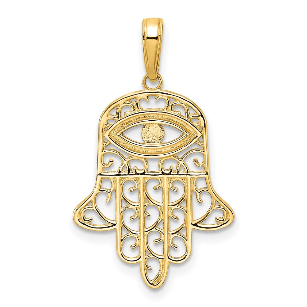 14k Yellow & Rhodium Gold & White Rhodium D/C Filigree Evil Eye Hamsa Pendant