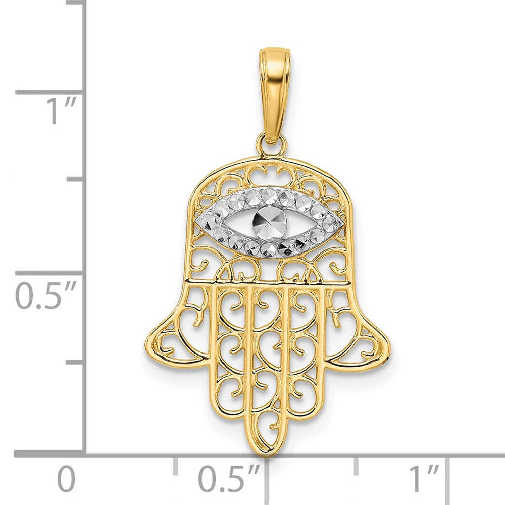 14k Yellow & Rhodium Gold & White Rhodium D/C Filigree Evil Eye Hamsa Pendant