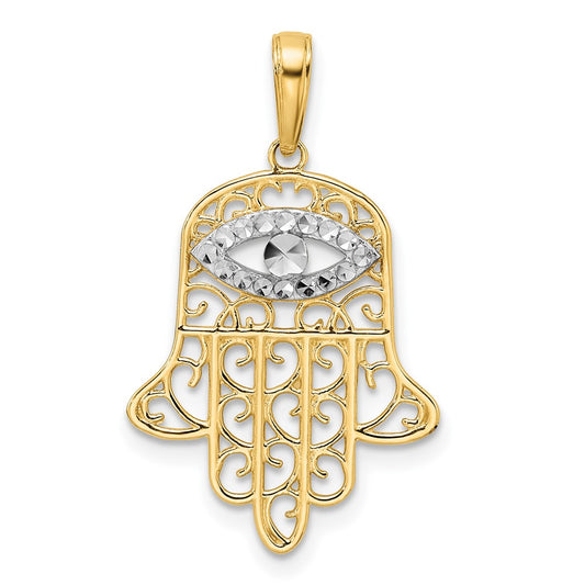 14k Yellow & Rhodium Gold & White Rhodium D/C Filigree Evil Eye Hamsa Pendant