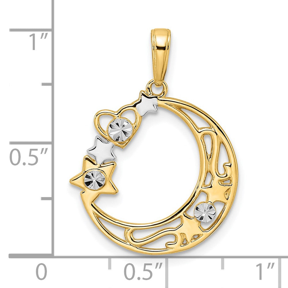 14k Yellow & Rhodium Gold & White Rhodium D/C Heart Star & Moon Pendant