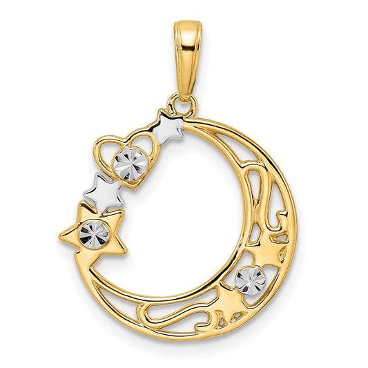 14k Yellow & Rhodium Gold & White Rhodium D/C Heart Star & Moon Pendant