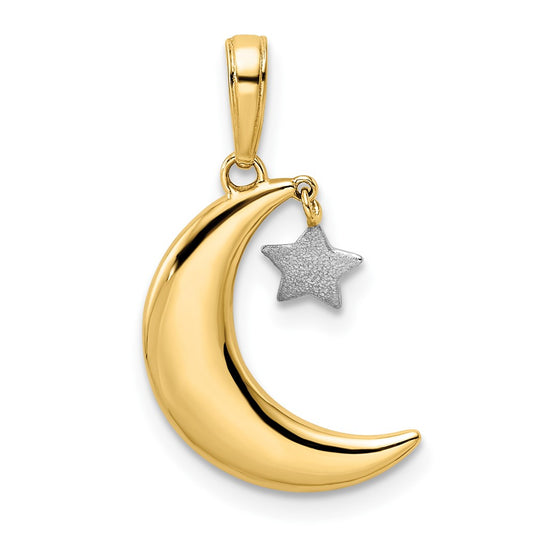 14k Yellow & Rhodium Gold & White Rhodium Moon w/ Dangle Star Pendant