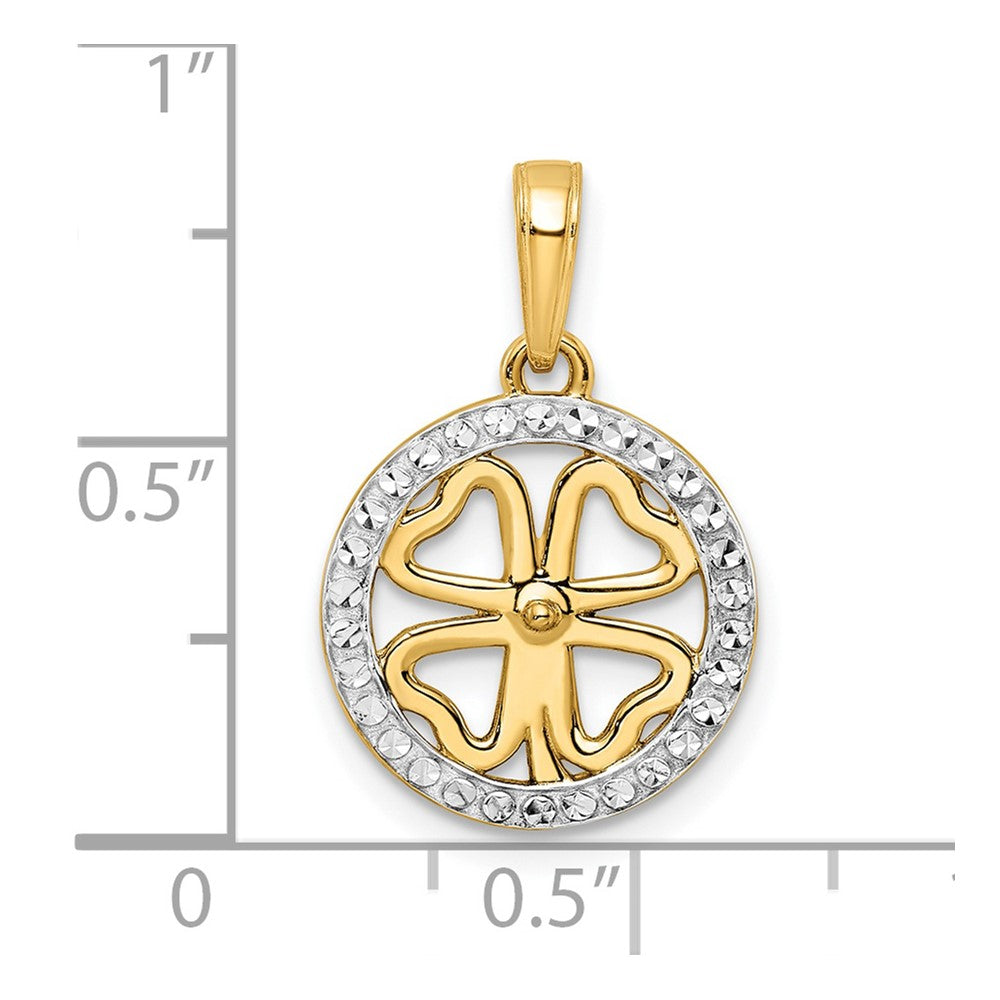 14k Yellow & Rhodium Gold w/White Rhodium Diamond-cut Four-leaf Clover Pendant