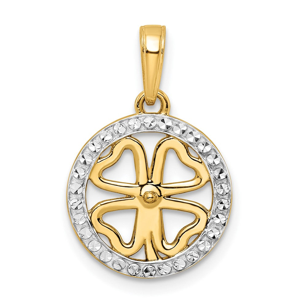 14k Yellow & Rhodium Gold w/White Rhodium Diamond-cut Four-leaf Clover Pendant