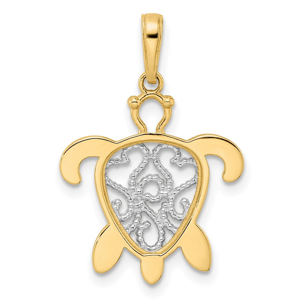 14k Yellow & Rhodium Gold and White Rhodium Diamond-cut Filigree Turtle Pendant