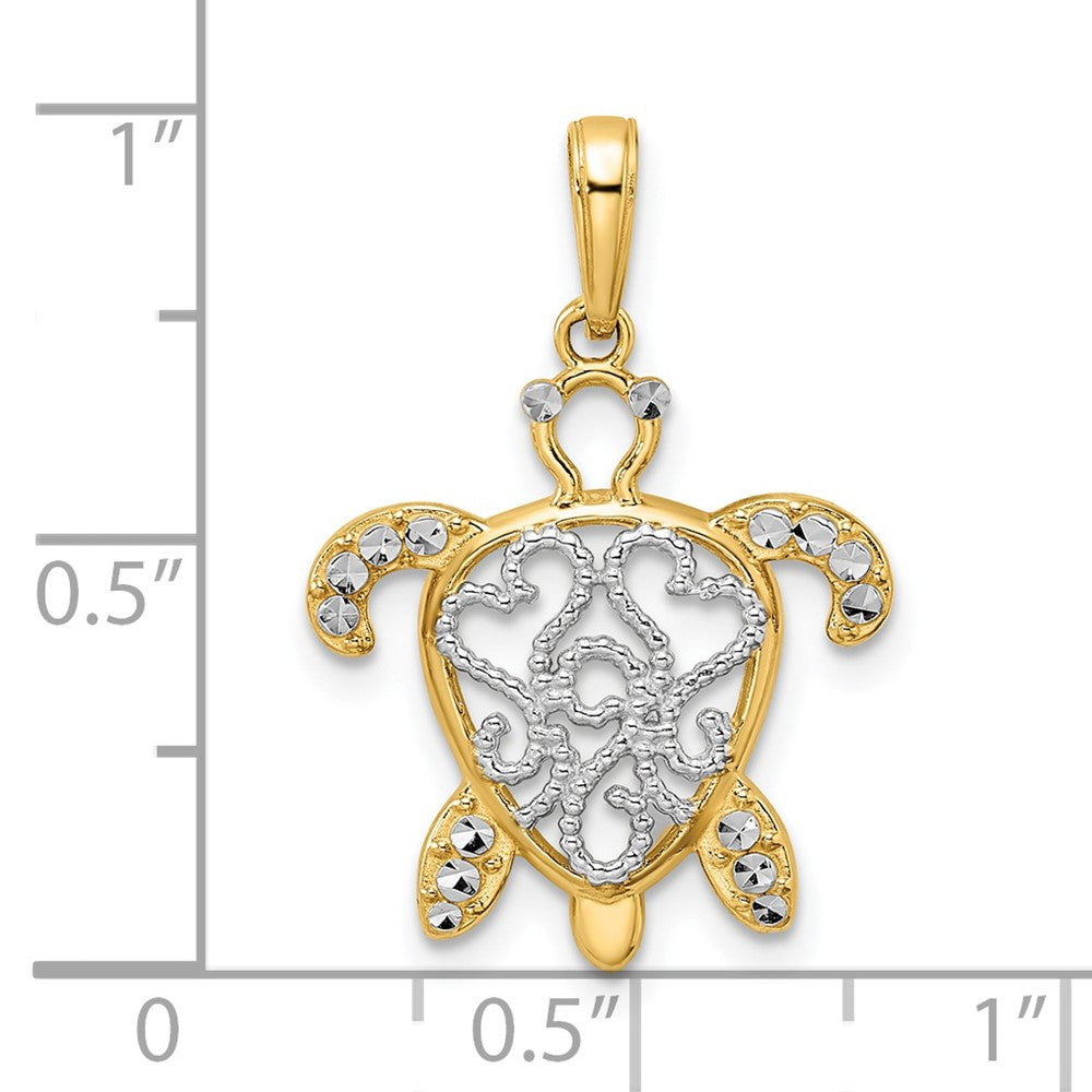 14k Yellow & Rhodium Gold and White Rhodium Diamond-cut Filigree Turtle Pendant