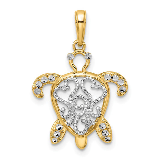 14k Yellow & Rhodium Gold and White Rhodium Diamond-cut Filigree Turtle Pendant