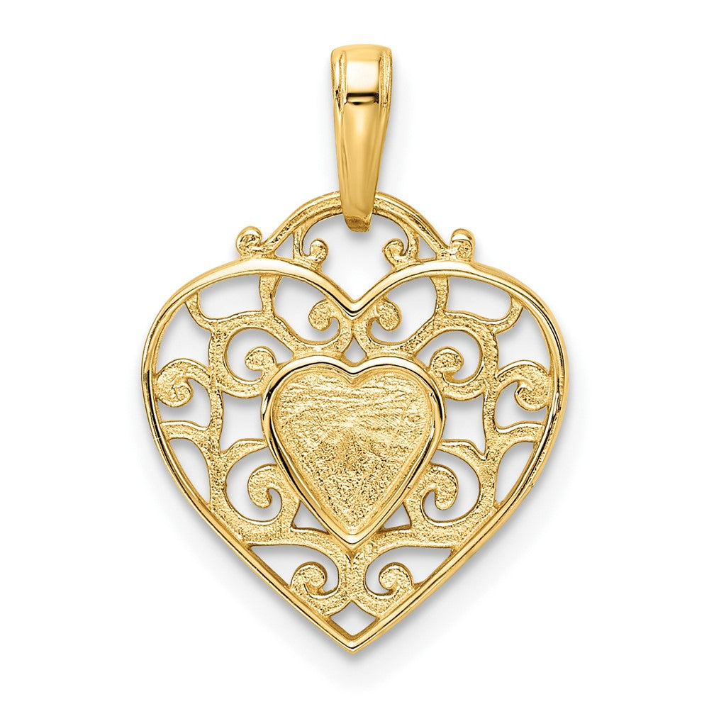 14k Yellow & Rhodium Gold and White Rhodium Diamond-cut Filigree Heart Pendant