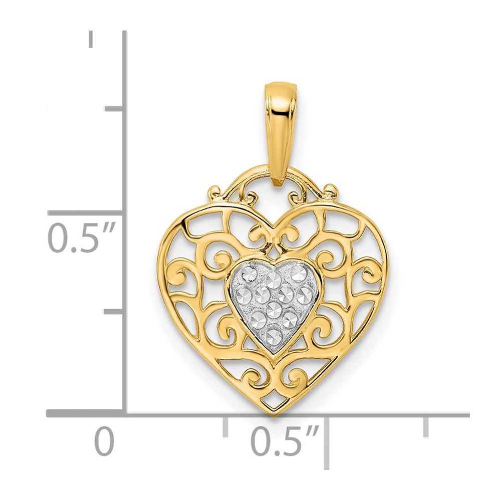 14k Yellow & Rhodium Gold and White Rhodium Diamond-cut Filigree Heart Pendant