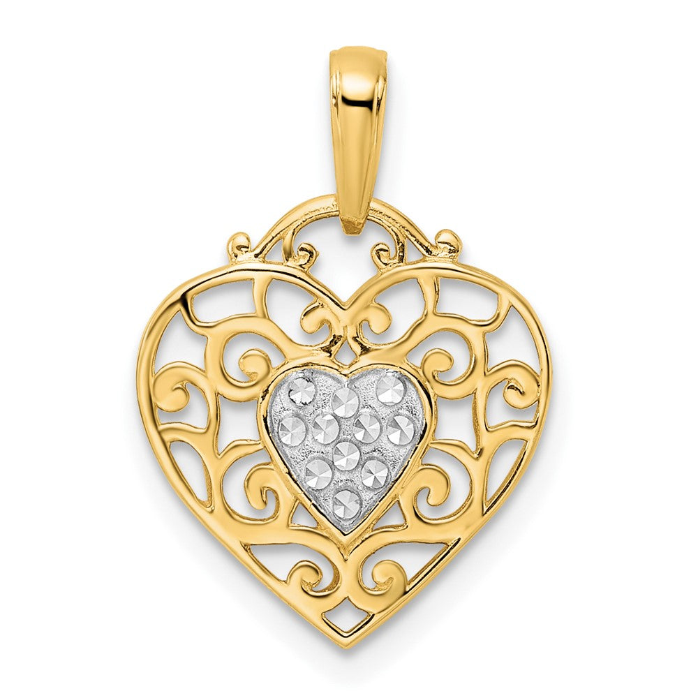 14k Yellow & Rhodium Gold and White Rhodium Diamond-cut Filigree Heart Pendant