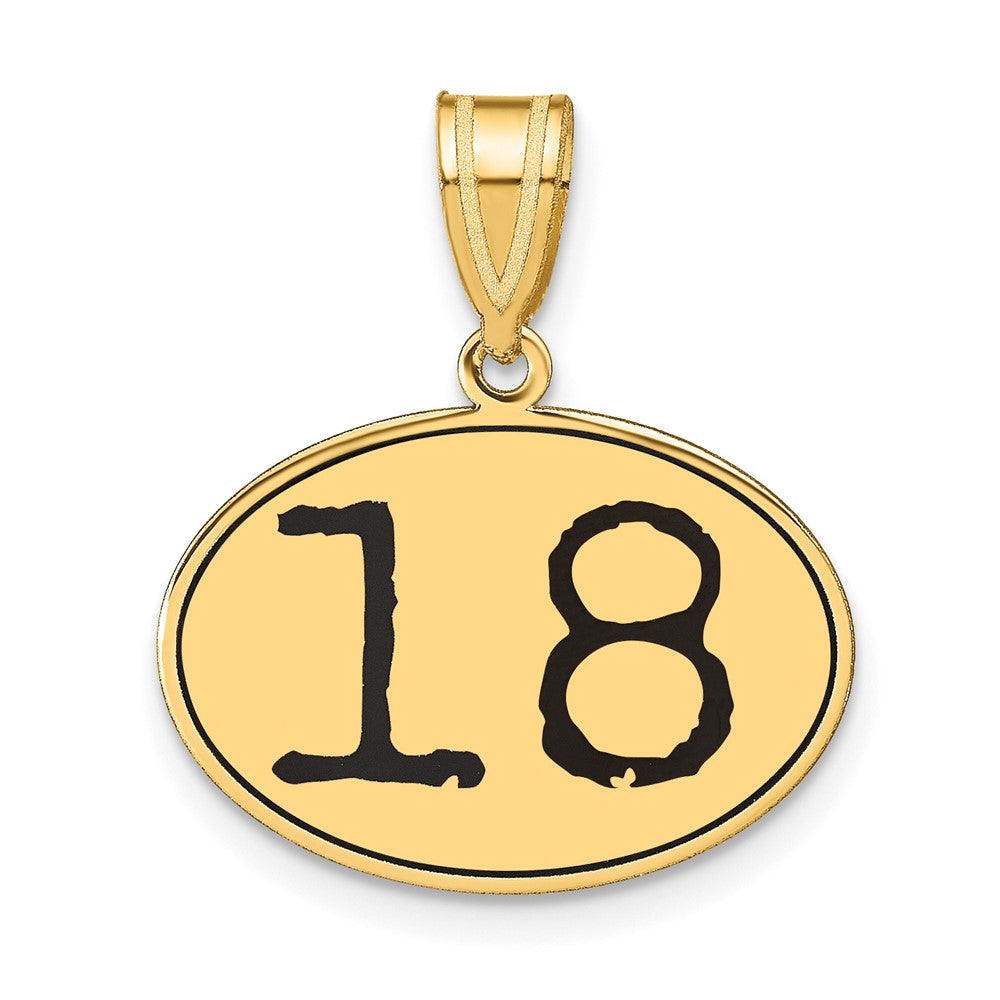 14k Yellow Gold Polished Number 18 Black Enamel Oval Pendant