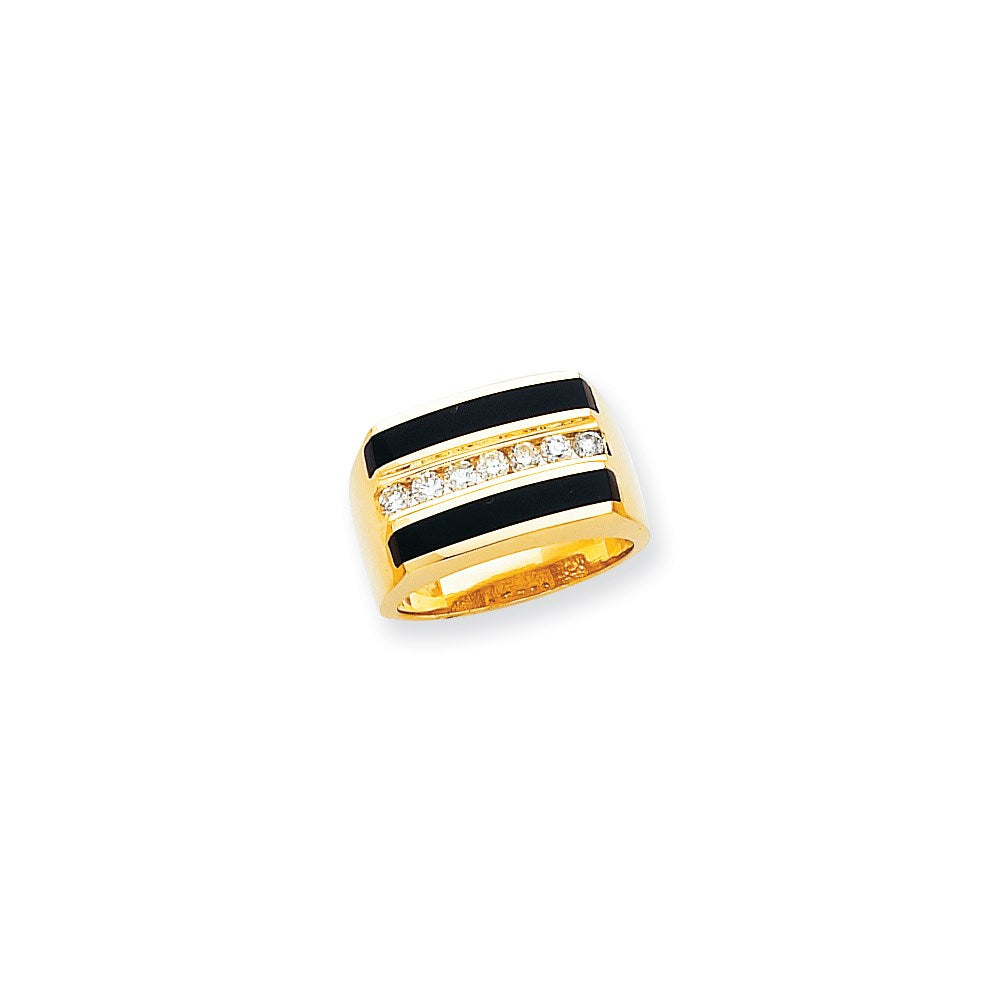 14K Yellow Gold Flat Top Polished Complete Mens Real Diamond And Onyx Ring