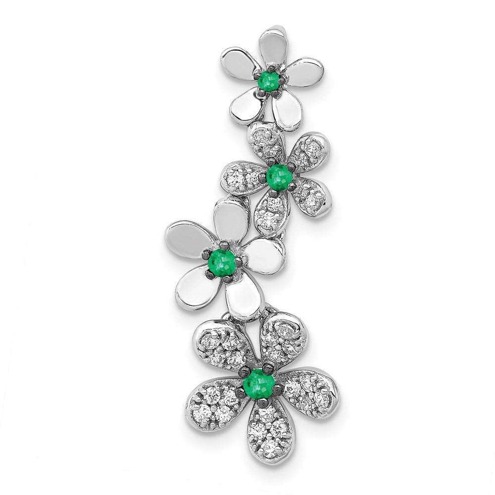 14k White Gold Rhodium Plated Real Diamond & Emerald 4 Flowers Pendant