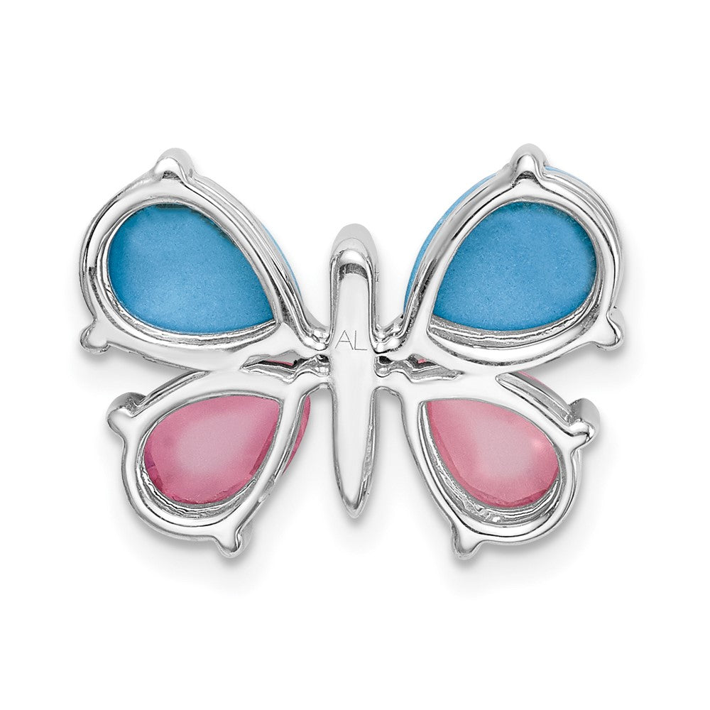 14k White Gold Real Diamond/Cabochon Turquoise/Rose Quartz Butterfly Pendant