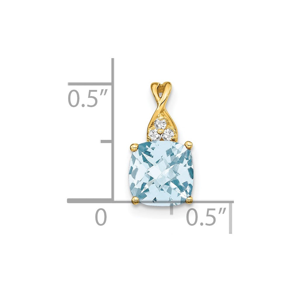 14K Yellow Gold Checkerboard Aquamarine and Real Diamond Pendant