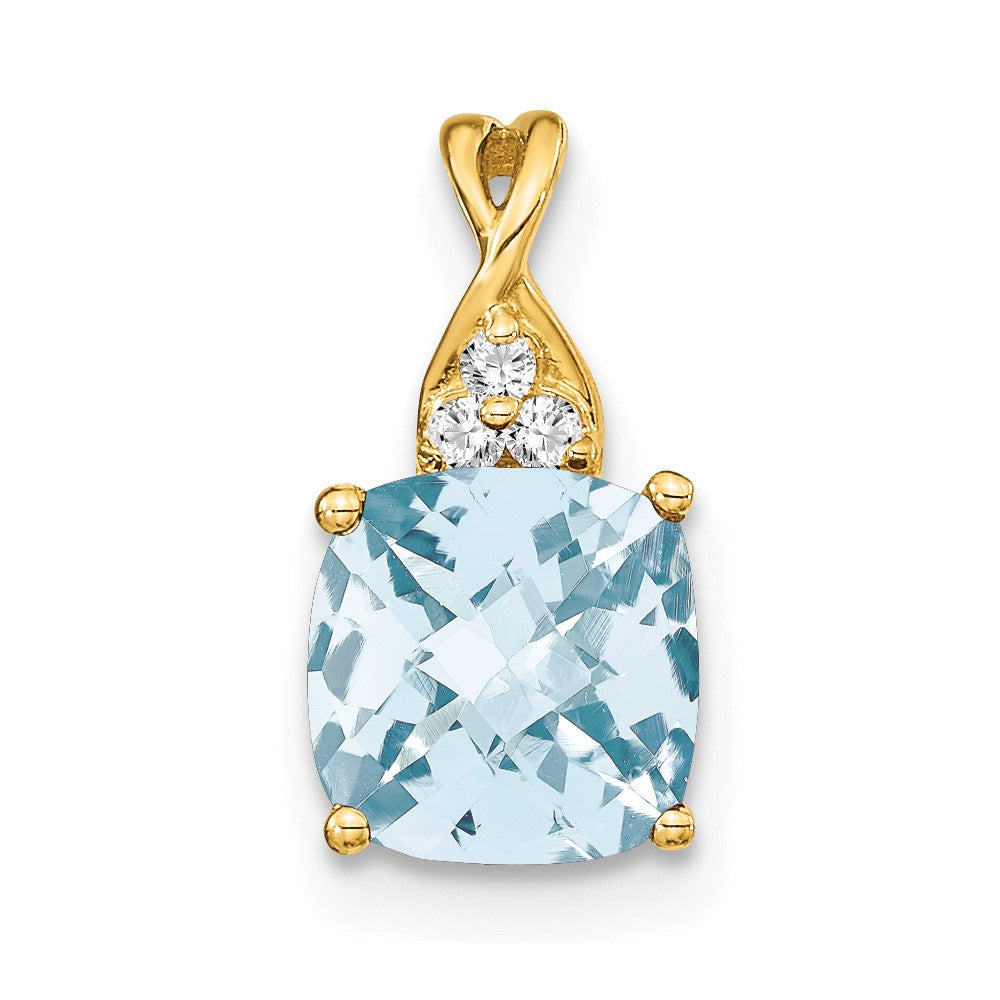 14K Yellow Gold Checkerboard Aquamarine and Real Diamond Pendant