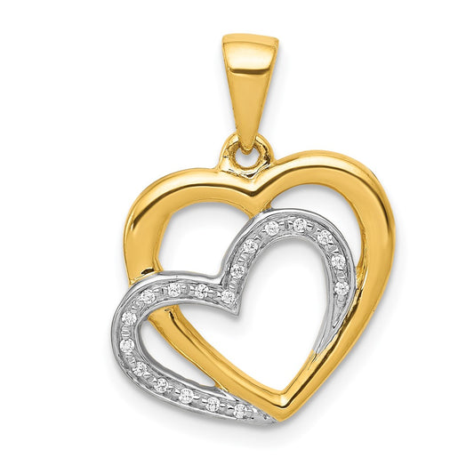 14K Yellow Gold w/ Rhodium Real Diamond Entwined Hearts Pendant