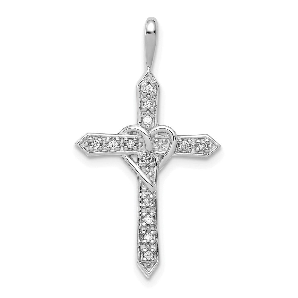 14k White Gold AA 1/10ct. Real Diamond Heart Cross Pendant