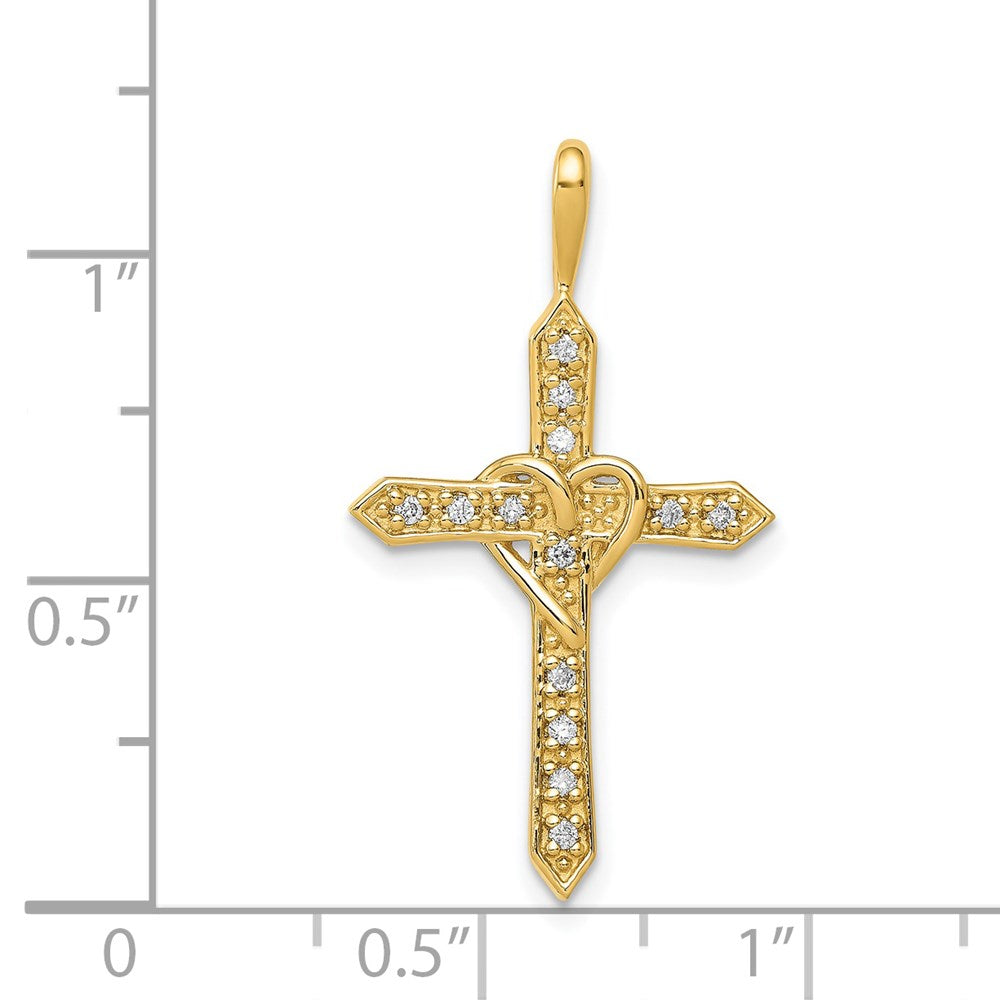 14K Yellow Gold AA 1/10ct. Real Diamond Heart Cross Pendant