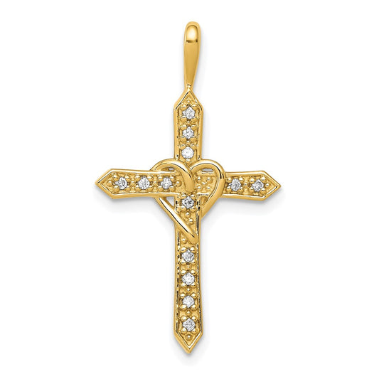 14K Yellow Gold AA 1/10ct. Real Diamond Heart Cross Pendant