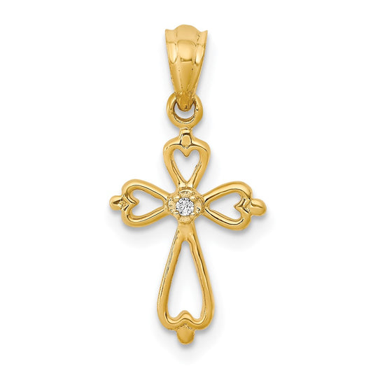 14K Yellow Gold Real Diamond Accented Cross Pendant