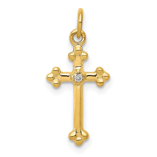 14K Yellow Gold Small Real Diamond Budded Cross Pendant