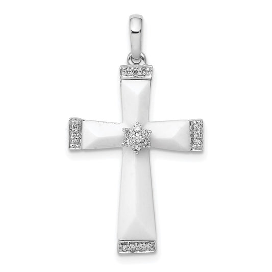 14K White Gold White Agate & Real Diamond Cross Pendant