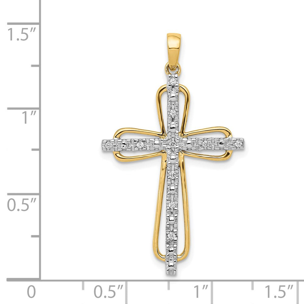 14k Yellow Gold & Rhodium .06ct. Real Diamond Cross Pendant