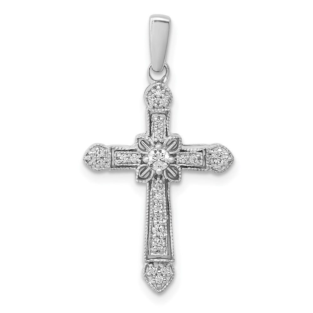 14k White Gold 1/6ct. Real Diamond Filigree Cross Pendant