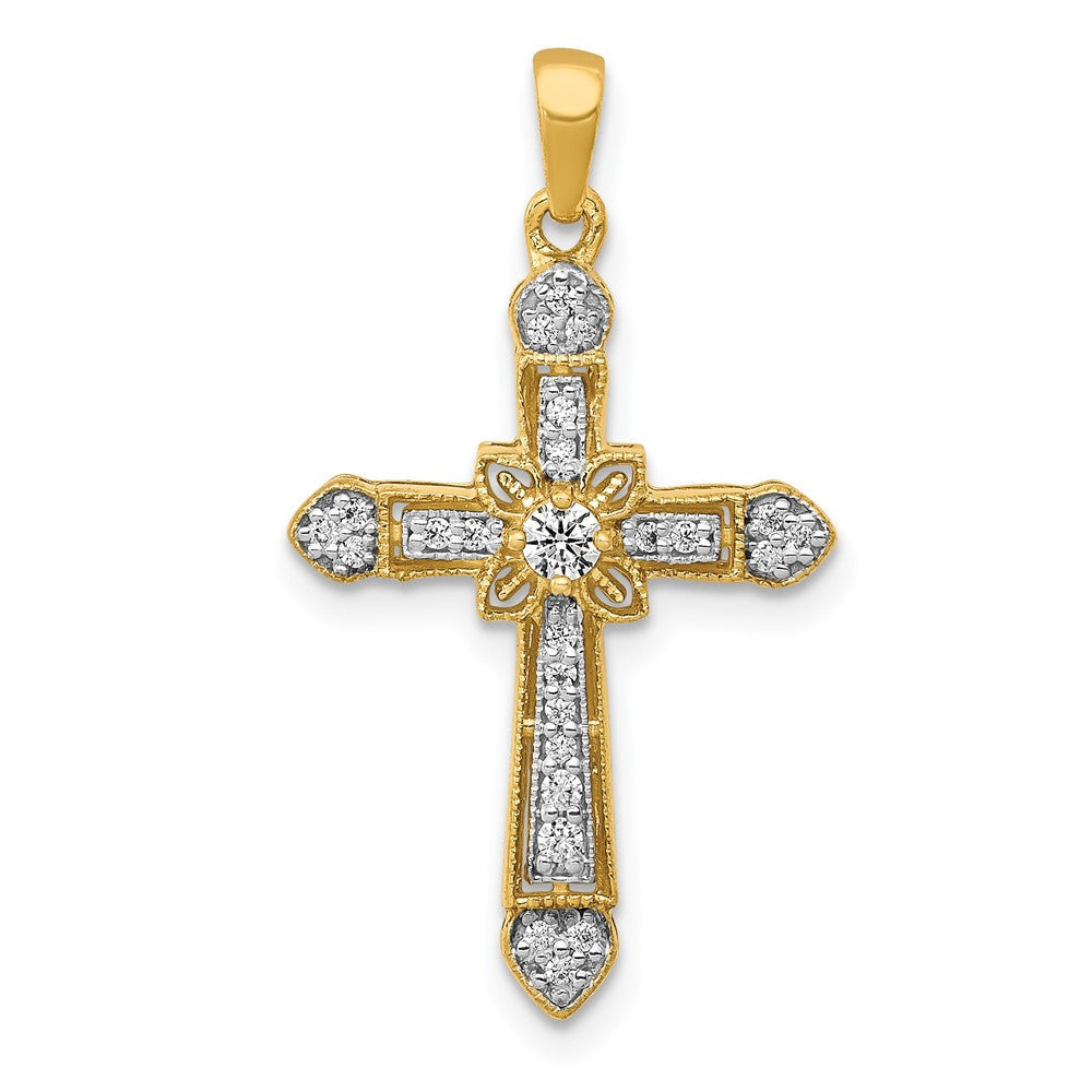 14K Yellow Gold 1/6ct. Real Diamond Filigree Cross Pendant