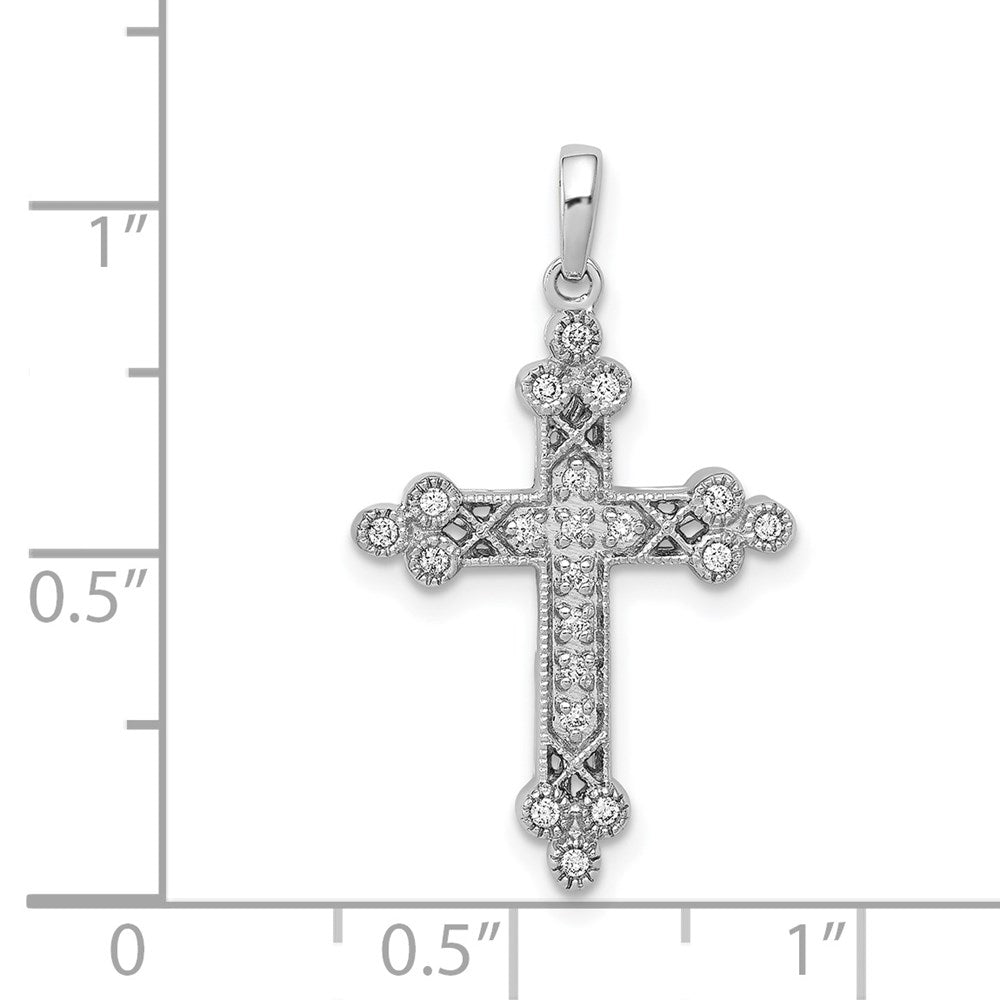 14k White Gold 1/10ct. Real Diamond Filigree Budded Cross Pendant