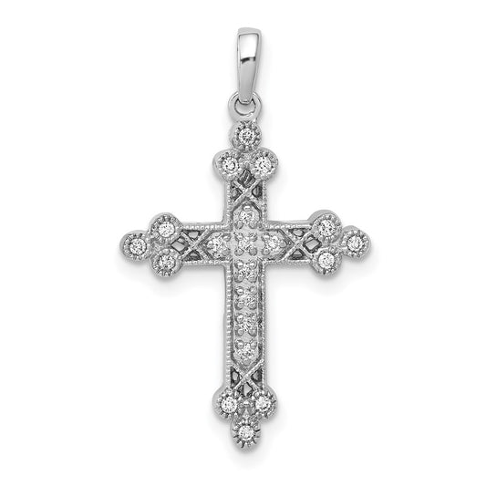 Solid 14k White Gold 1/10ct. Simulated CZ Filigree Budded Cross Pendant