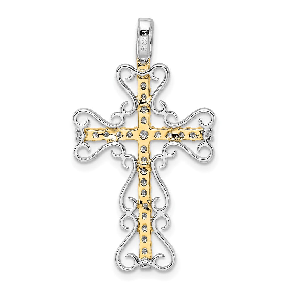 Solid 14k Two-tone 5/8ct. Simulated CZ Filigree Cross Pendant