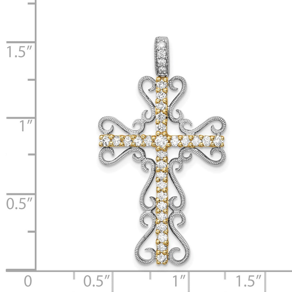 Solid 14k Two-tone 5/8ct. Simulated CZ Filigree Cross Pendant