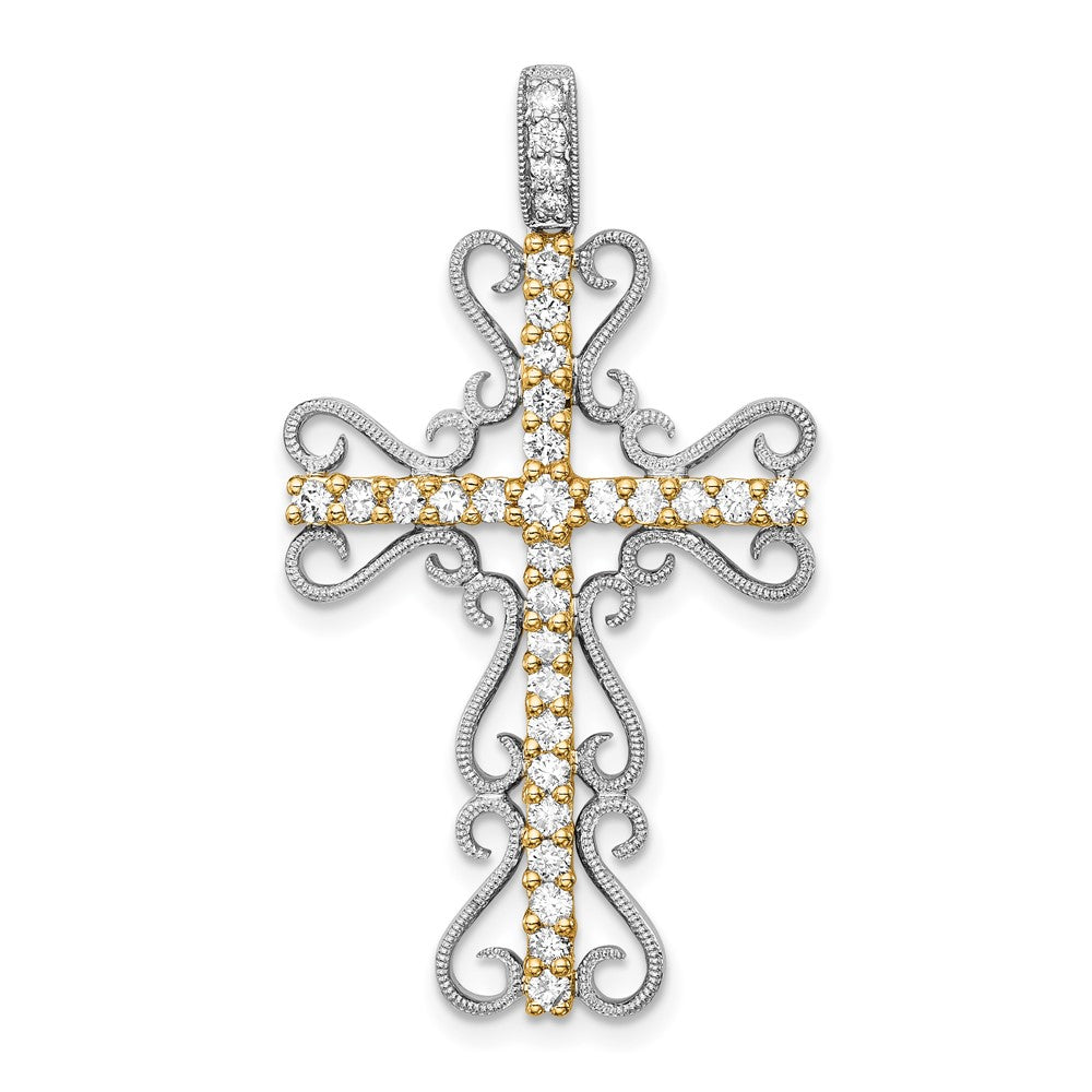 Solid 14k Two-tone 5/8ct. Simulated CZ Filigree Cross Pendant