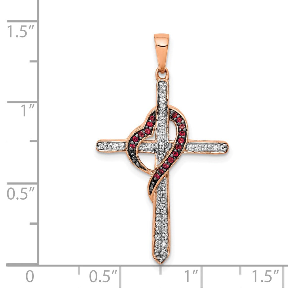 14k Rose Gold Red and White Real Diamond Cross w/Heart Pendant