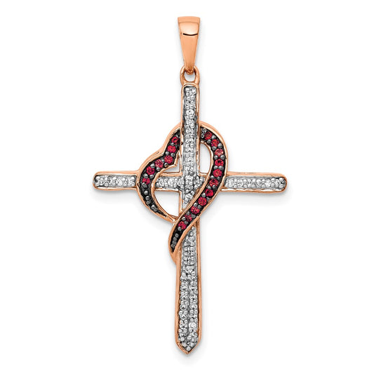 Solid 14k Rose Gold Red and White Simulated CZ Cross w/Heart Pendant